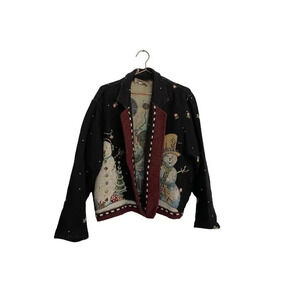Painted Pony Black Christmas Santa Snowman Jacket sweater  Size Large